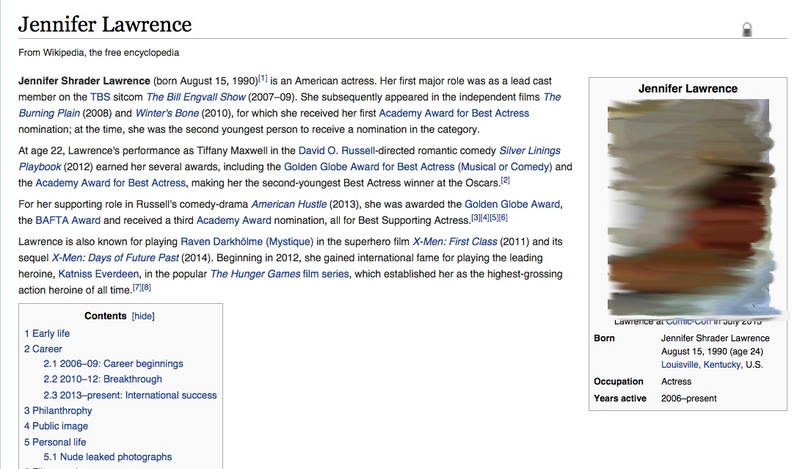 Illustration for article titled Jennifer Lawrence's Wikipedia Page Hacked to Feature Nude Photos